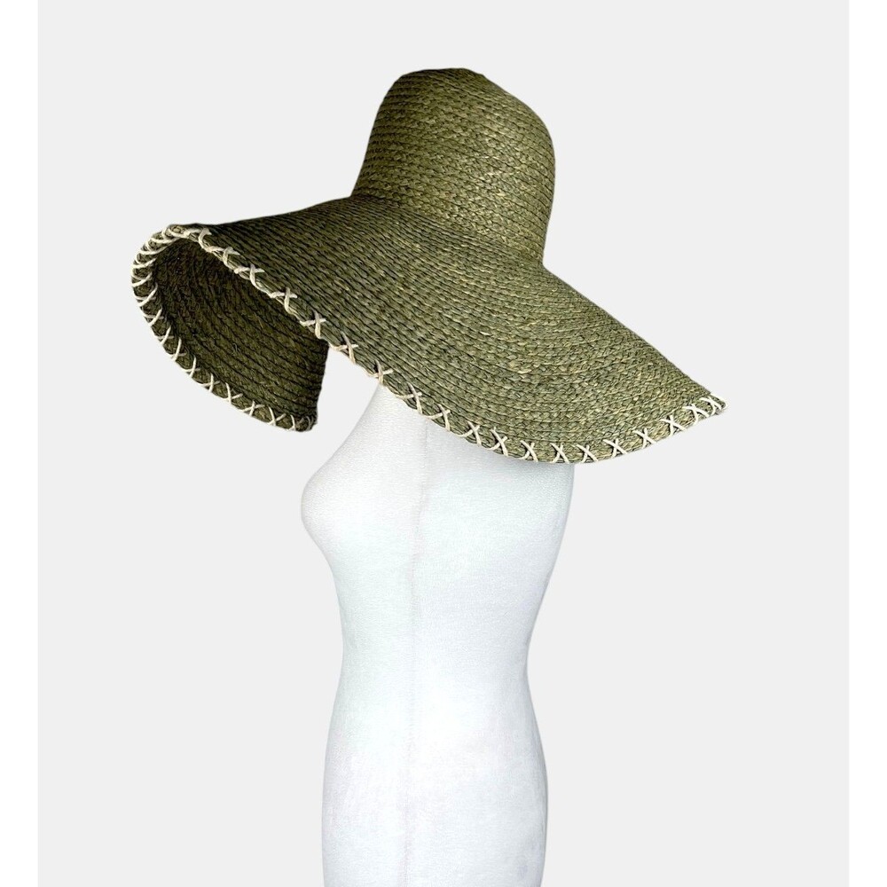 Handmade 100% Raffia Wide Brim Floppy Sun Hat Olive Green Coastal Resort